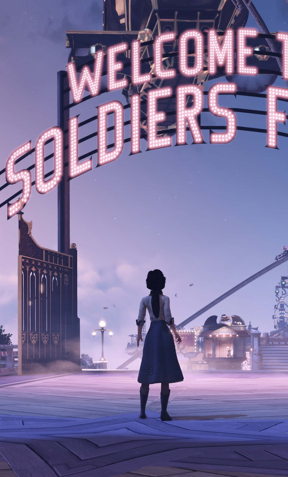 一名女子站在未來城市暮色中寫有 'Welcome to Soldiers F' 的霓虹燈標誌下。