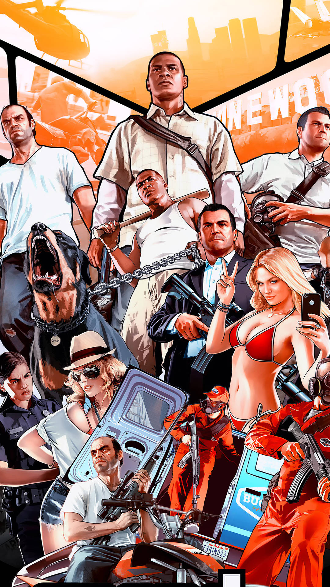 在iPhone上體驗高強度動作冒險《GTA 5》 壁紙 — 一幅充滿活力的GTA角色插圖拼貼畫，包括一隻吠叫的羅威納犬、武裝男子、一名比基尼女郎和一名警察，背景是城市天際線。