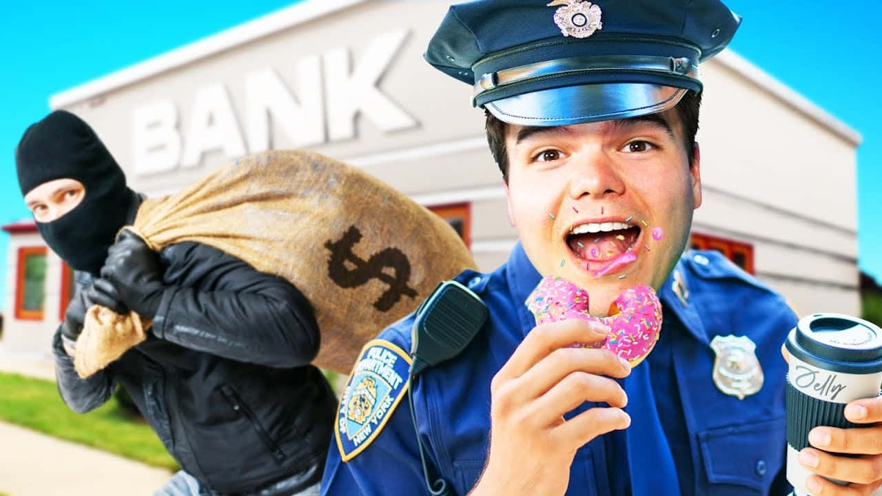 警察吃甜甜圈，戴面具劫匪在銀行扛錢袋。