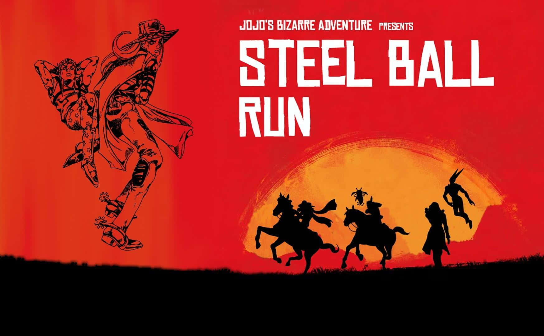 Jojo Steel Ball Run 桌布 壁紙 — 在JoJo的奇妙冒險 飆馬野郎海報中，剪影牛仔和跳躍戰士映襯著火紅的日落天空。