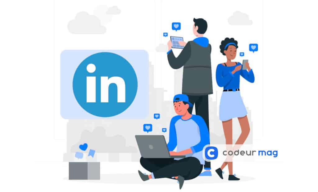 在LinkedIn上發展並維持具影響力的人際關係 壁紙 — 三位風格化的專業人士在極簡數位工作空間中使用設備時與 LinkedIn 圖示互動。