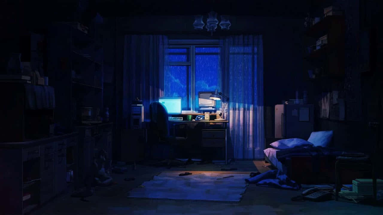 夜晚黑暗的臥室，帶有藍色電腦光和雜亂的書桌。