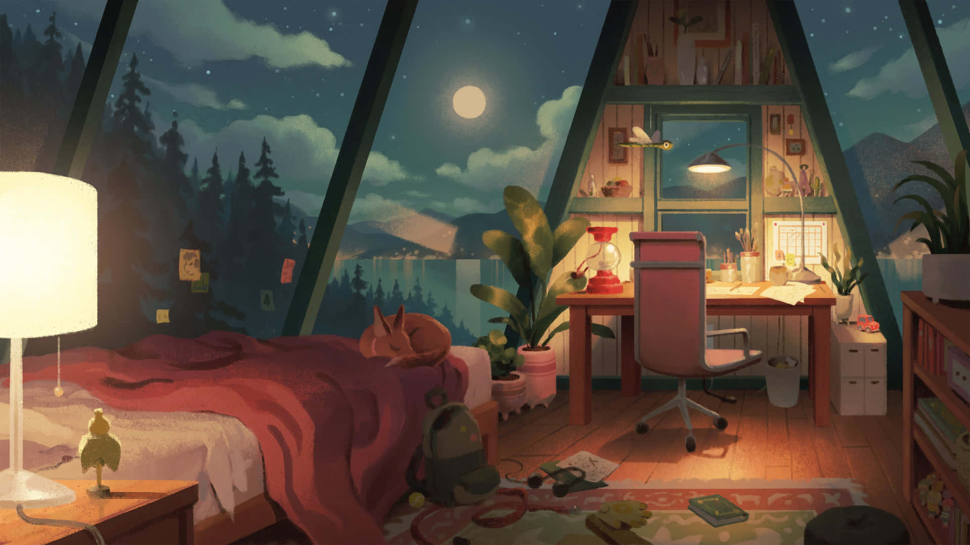 夜晚舒適的小屋睡房，有睡著的貓和星空森林景色。