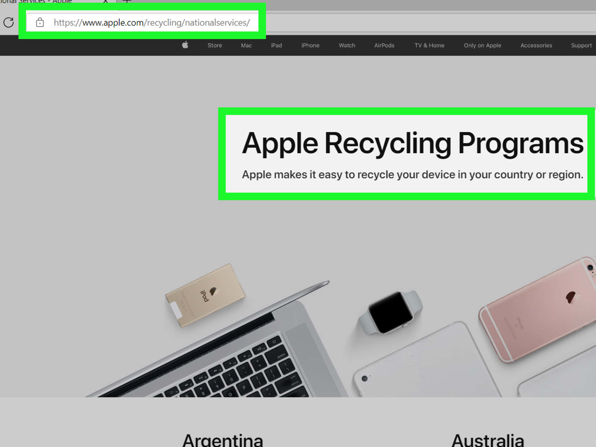 Apple 回收網頁，灰色背景上的裝置