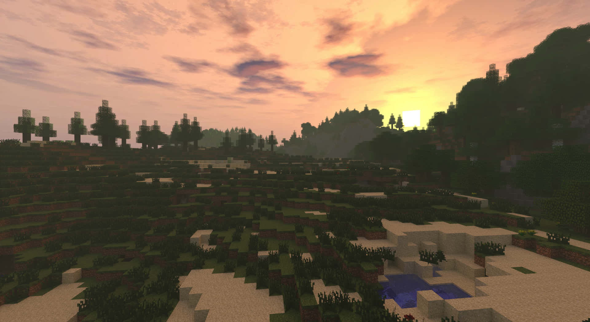 Minecraft 日落景觀，有方塊狀的樹木、草地和池塘。