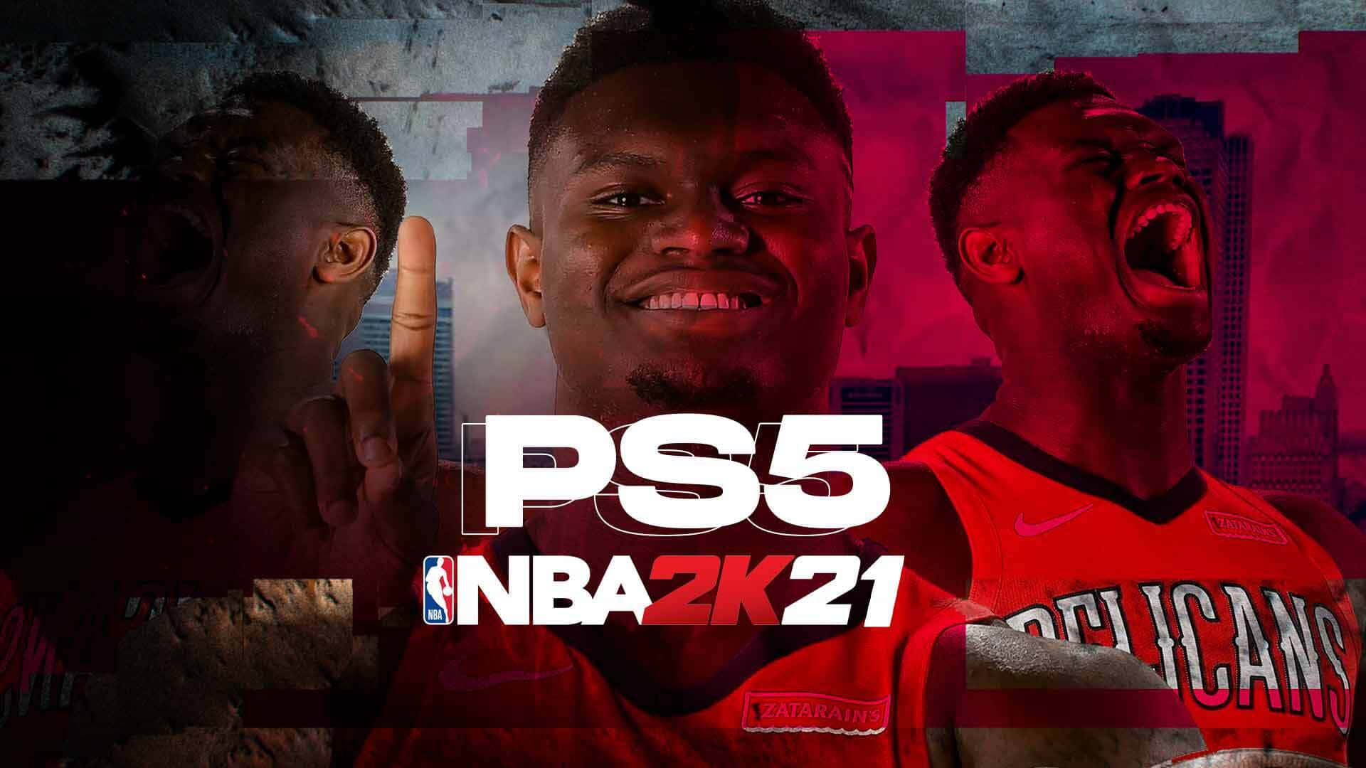 在NBA 2K21中找到你的優勢，成為無可阻擋的王者 壁紙 — 一張充滿活力的數位藝術海報，展示一名身穿紅色鵜鶘隊球衣的籃球運動員，背景為粗糙的城市景觀，並帶有PS5和NBA 2K21標誌。