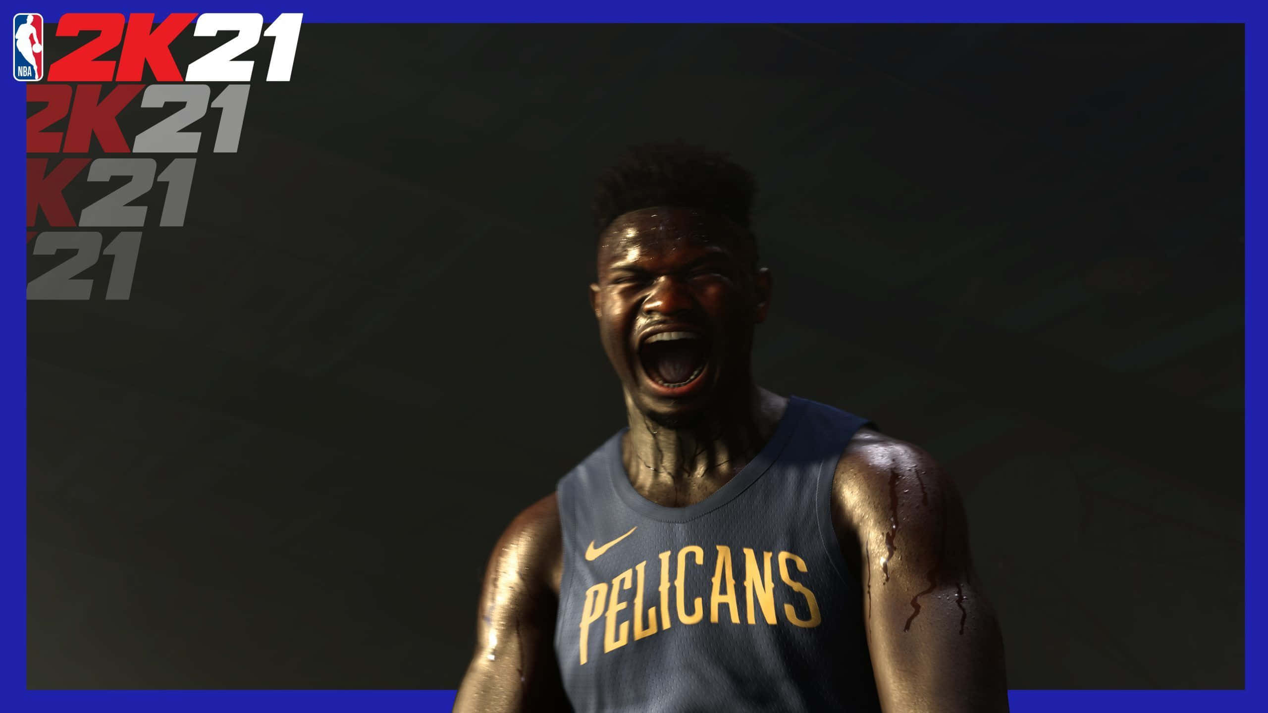 在NBA 2K21中釋放你的潛能 壁紙 — 一名身穿鵜鶘隊球衣的籃球運動員在深色背景和2K21品牌標誌下猛烈咆哮。
