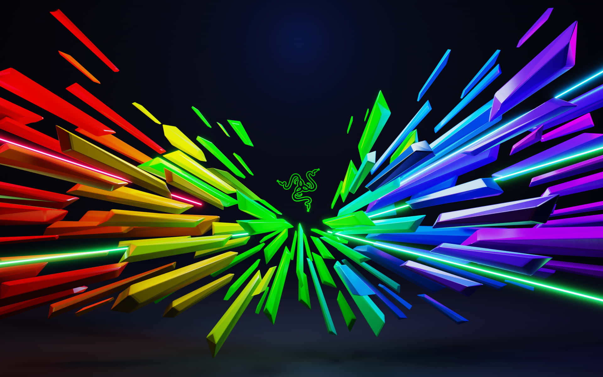 霓虹幾何碎片從發光的 Razer 標誌中爆炸出來，背景為深色。