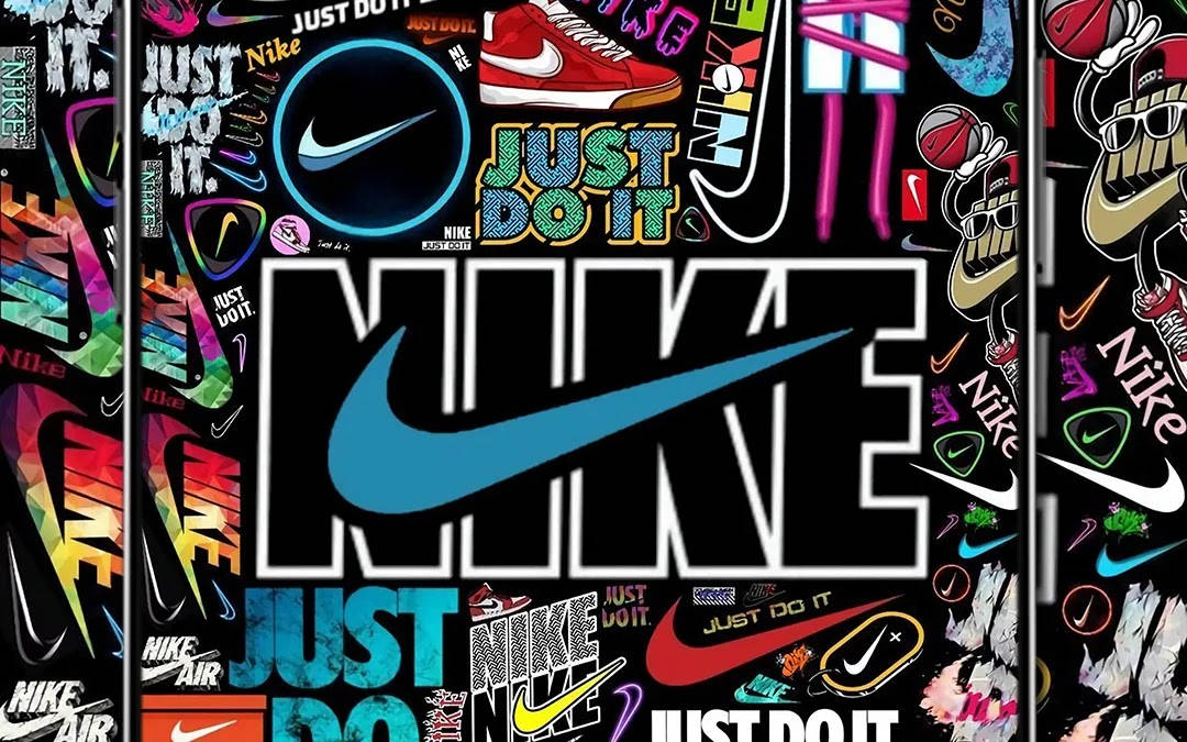 以明亮色彩展示Nike品牌標誌、運動鞋和標語的拼貼畫。
