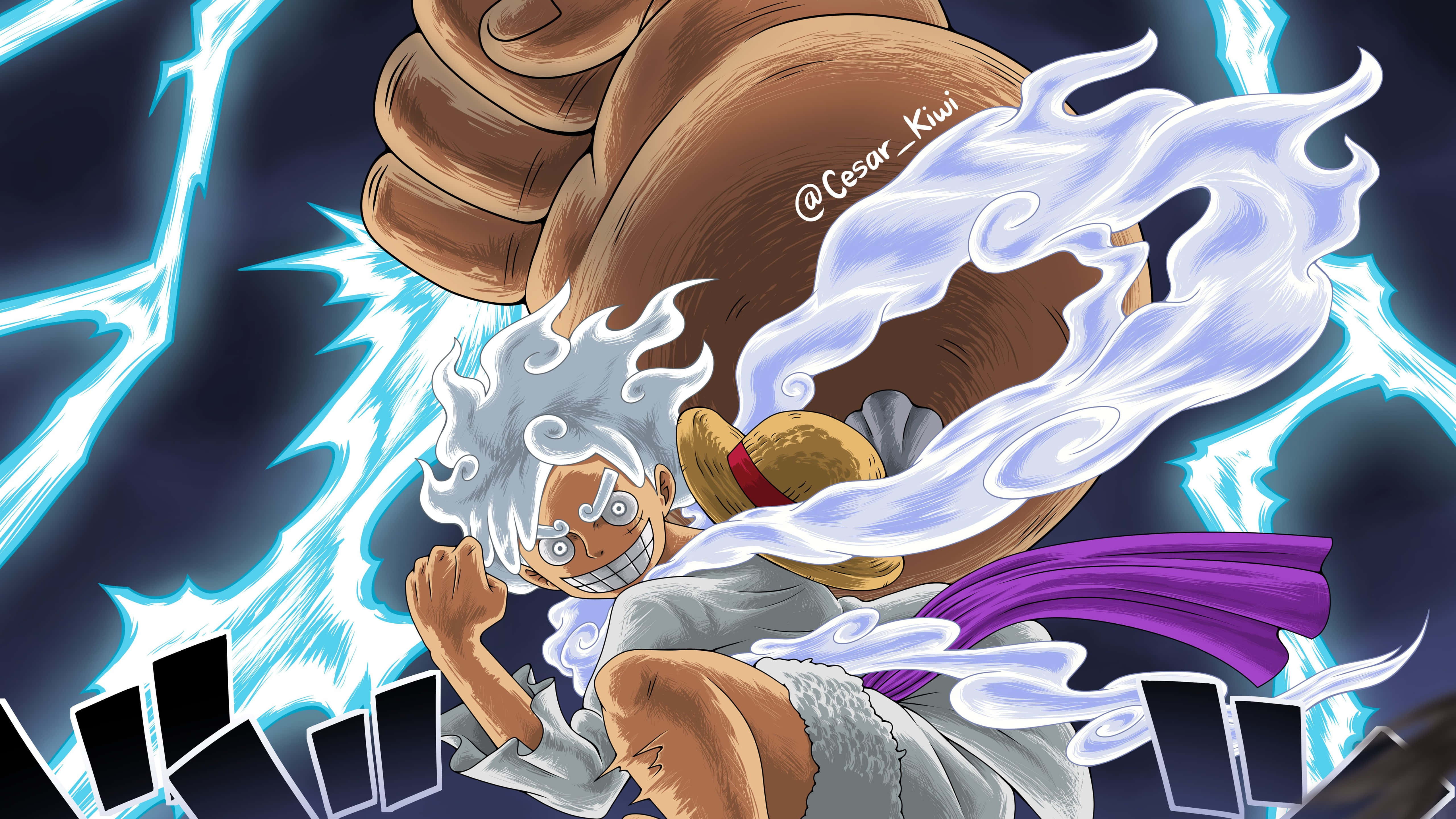 在ONE PIECE 5K中與草帽海賊團探索大海上線 壁紙 — 一個充滿動感的動漫角色，白髮戴草帽，被藍色閃電和旋轉的白色能量包圍，向前揮拳。