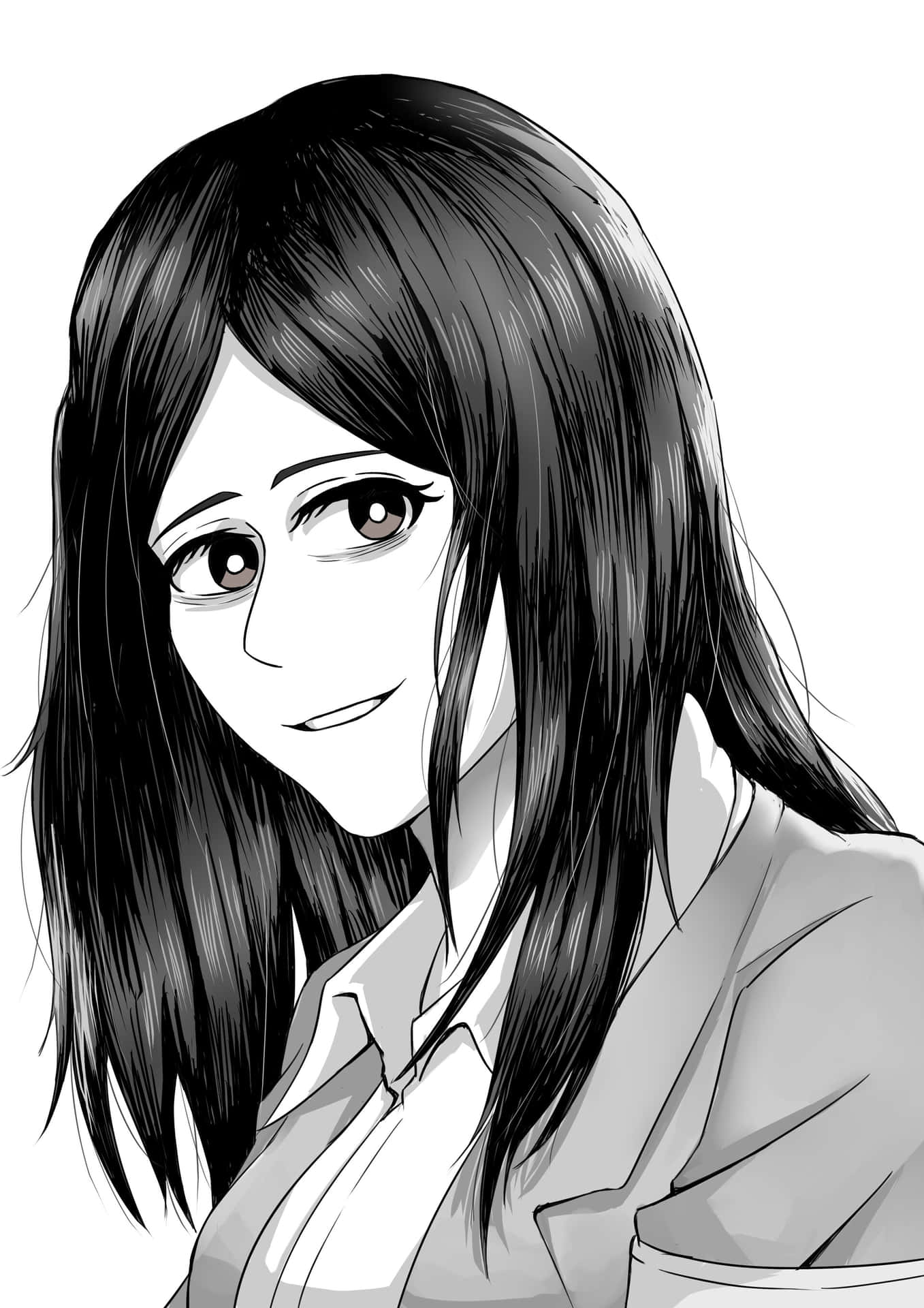 長黑髮的動漫女孩在灰階插圖中輕柔微笑。