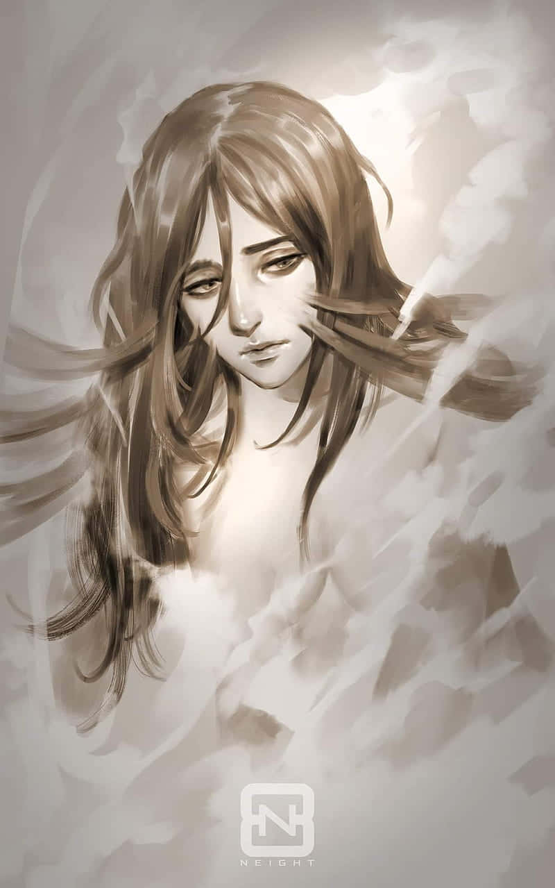 長棕色頭髮的動漫女孩漂浮在柔軟的雲中，表情憂鬱。