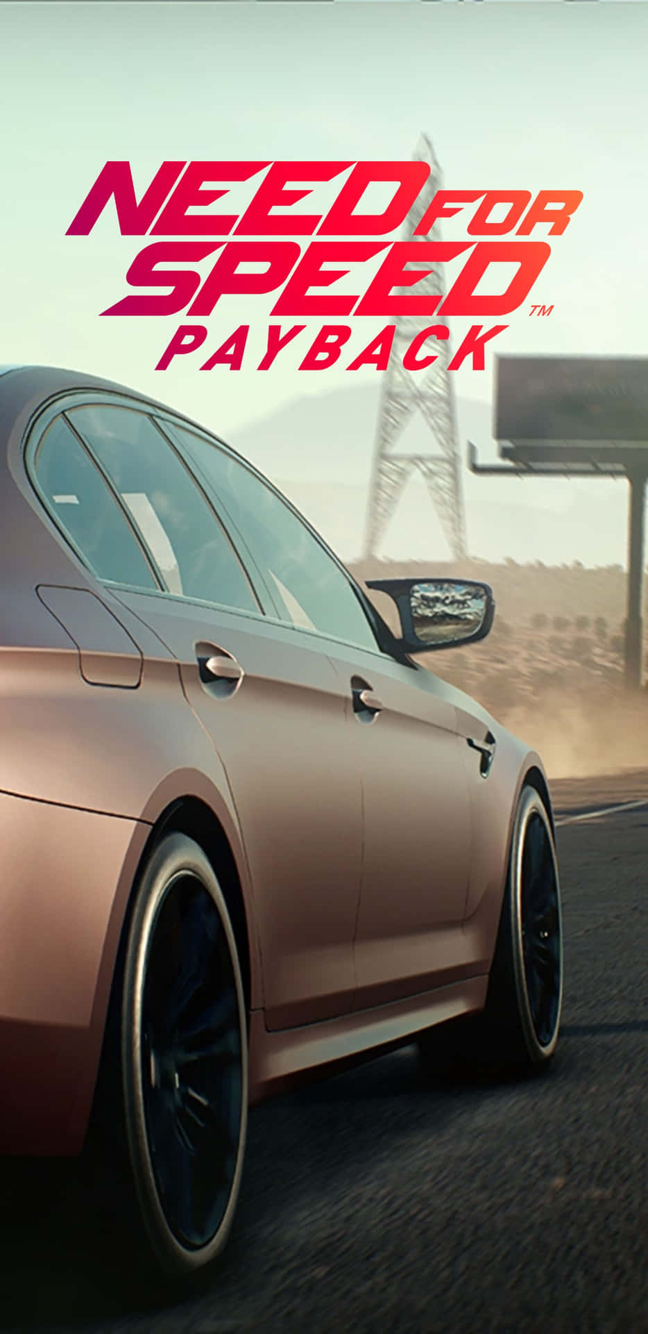粉紅色跑車在沙漠公路上奔馳，帶有「Need for Speed Payback」標題。