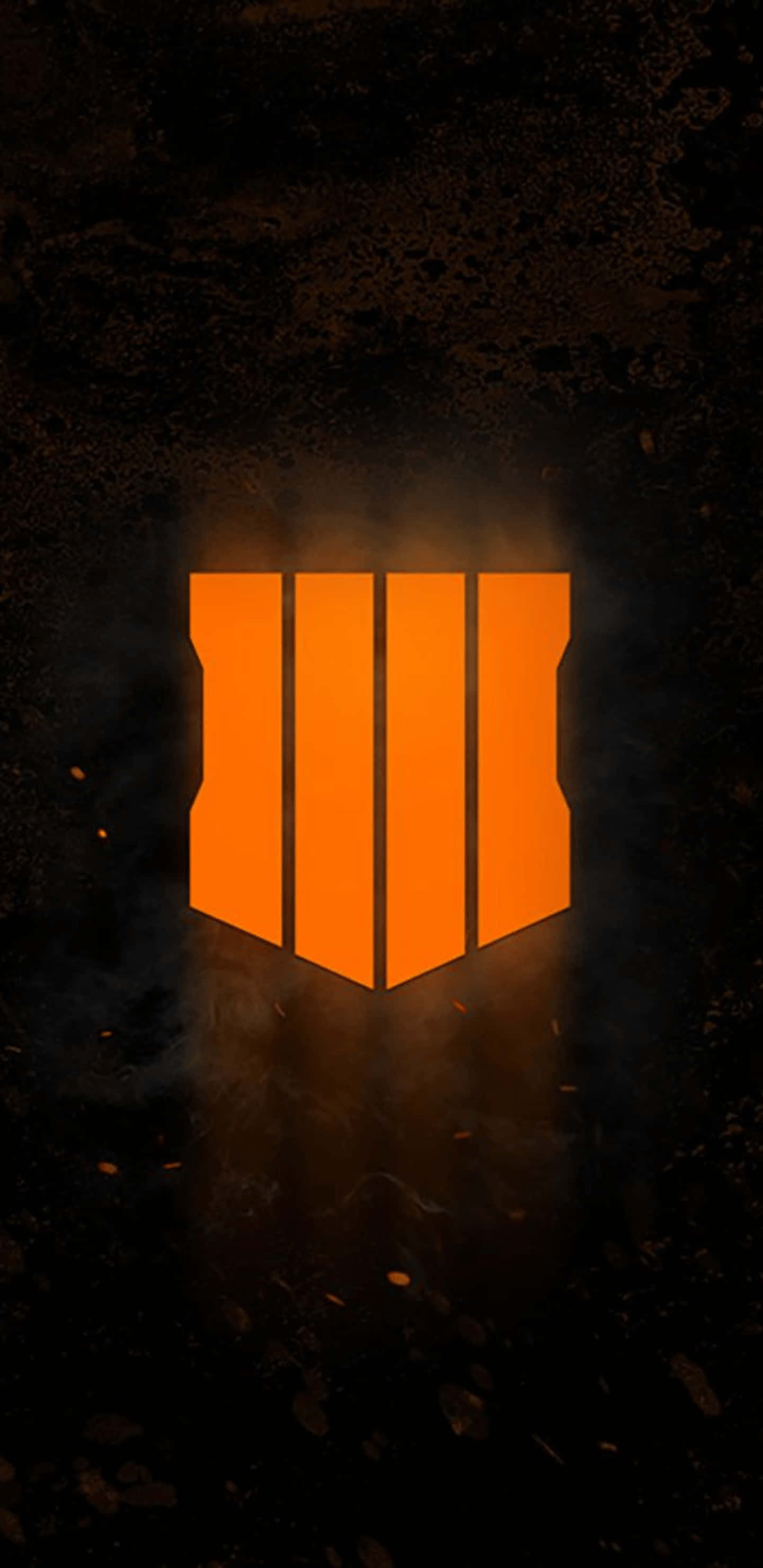 在Pixel 3XL上體驗《決勝時刻：黑色行動4》的精彩遊戲 壁紙 — 發光的橙色 Call of Duty 標誌在黑暗粗糙紋理背景中散發光芒，並有漂浮的火花。