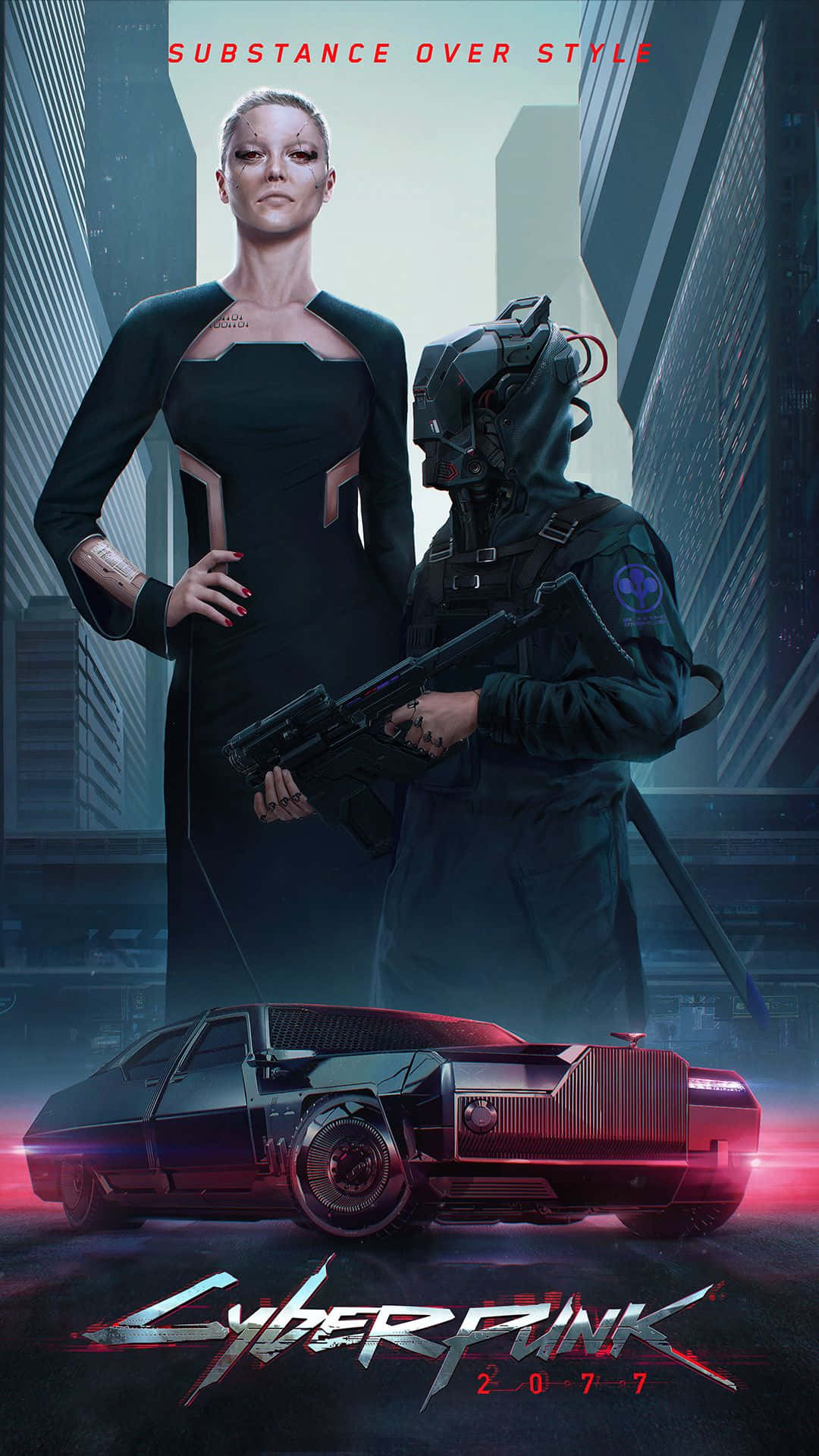 賽博龐克女性和士兵與未來城市中的發光汽車。