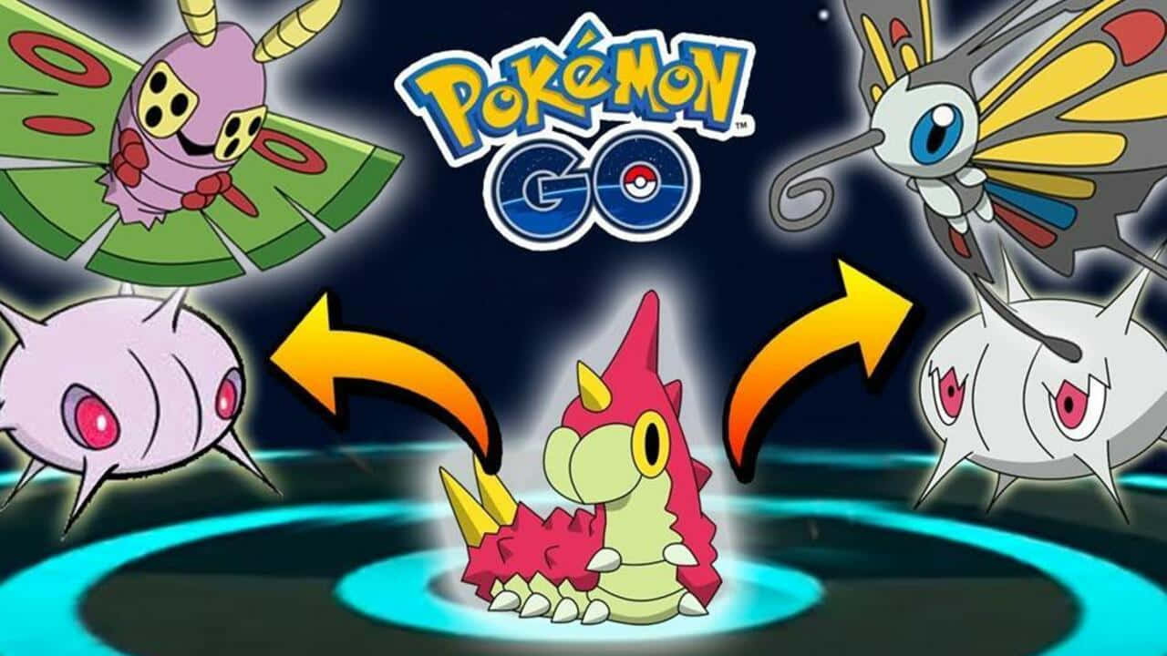 在Pokémon Go中捕捉Wurmple 壁紙 — 發光的 Pokémon GO 標誌中央有一隻紅色毛毛蟲寶可夢，箭頭指向其進化形態，背景為黑暗的宇宙。