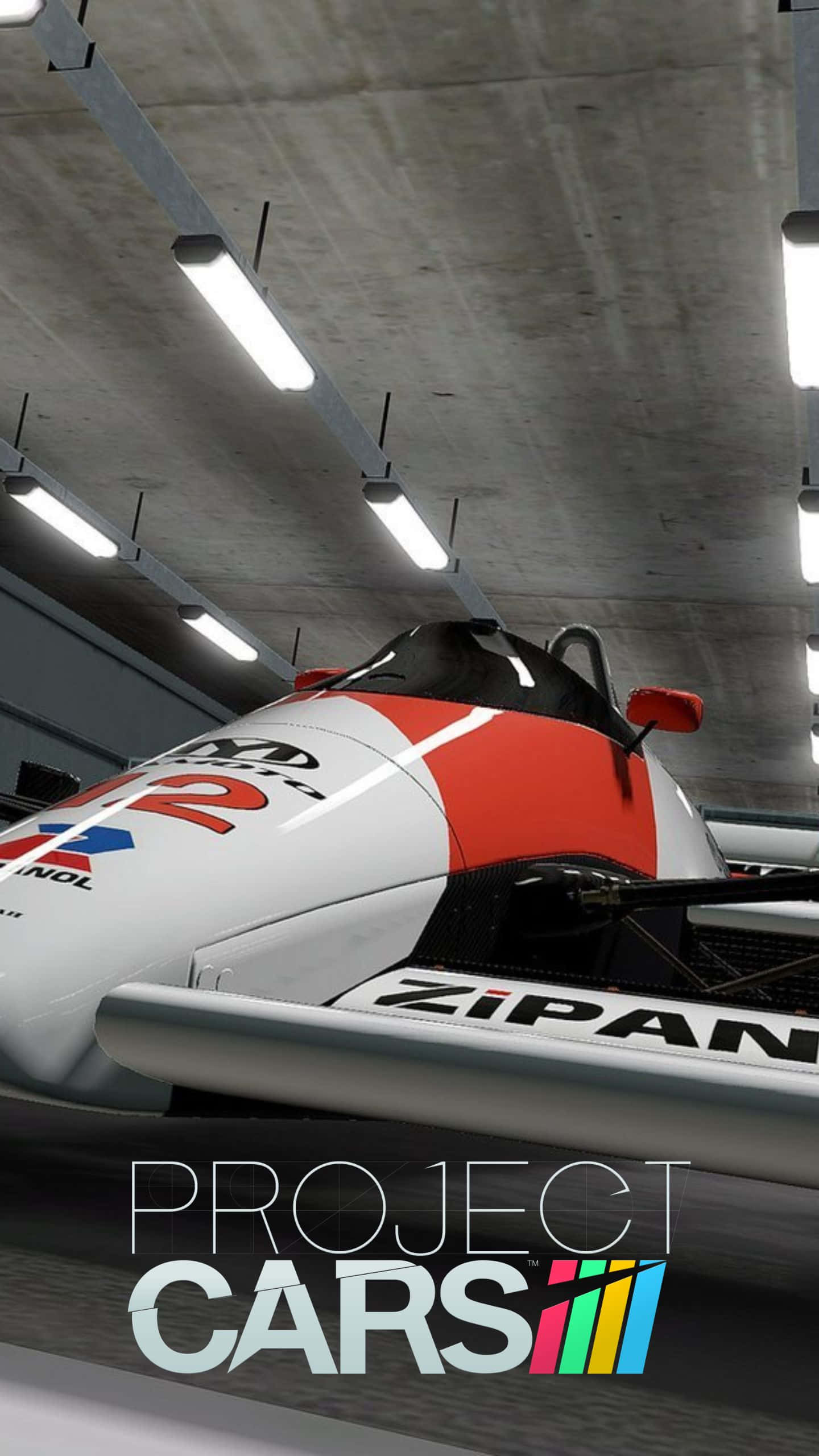 在Project Cars Android版中與對手競速 壁紙 — 一輛帶有 'ZiPAN' 品牌的時尚白色和紅色賽車停在混凝土車庫的明亮螢光燈下。
