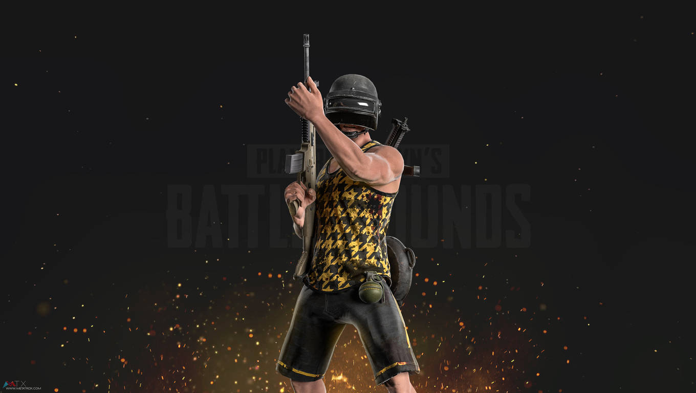 槍 桌布 壁紙 — 在PUBG Battle Royale中，玩家在黑暗背景下瞄準步槍，伴隨著發光的橙色火花。