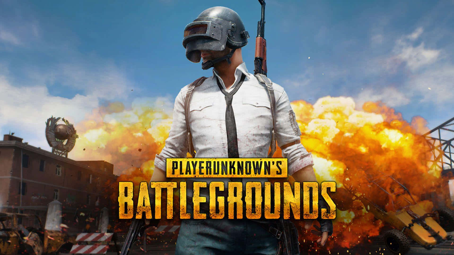 在PUBG的世界中超越眾人 壁紙 — 一名戴頭盔和領帶的士兵站在戰火摧殘的城市戰場中，周圍是熾熱的爆炸。