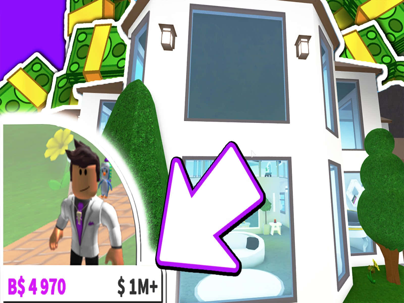 Roblox 角色在大宅前，有漂浮的錢和箭頭。