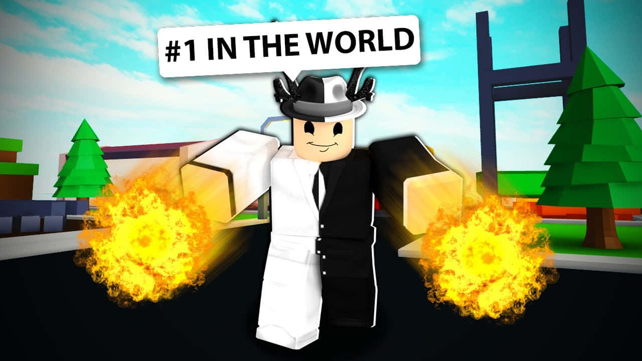 Roblox 角色穿西裝帶火焰爆炸，舉著世界第一標誌。