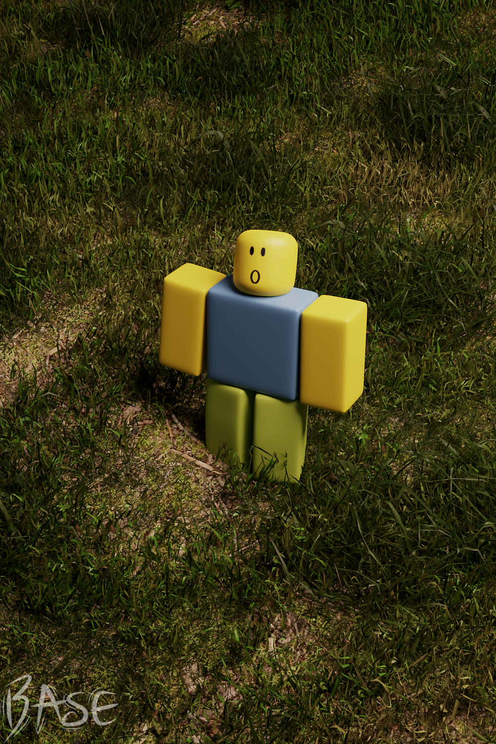 在Roblox世界中擁抱新手身份 壁紙 — 一個方塊狀的黃色、藍色和綠色 Roblox 角色獨自站在一片陽光照射的綠色草地上。