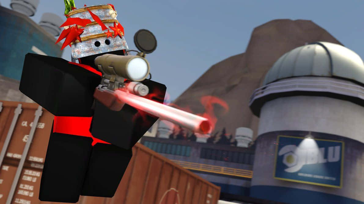 Roblox 角色在工業遊戲場景中發射激光步槍