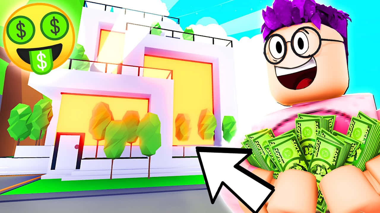 Roblox角色拿著現金，指著有美元符號的房屋。
