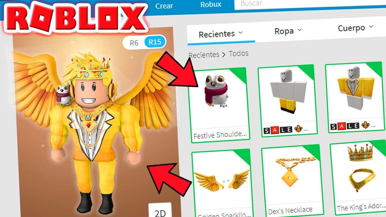 Roblox虛擬角色佩戴金色翅膀和皇冠，並顯示遊戲內商店物品。
