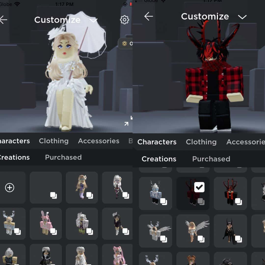 自訂畫面中的兩個 Roblox 頭像，一個打扮成新娘，另一個有紅色角。