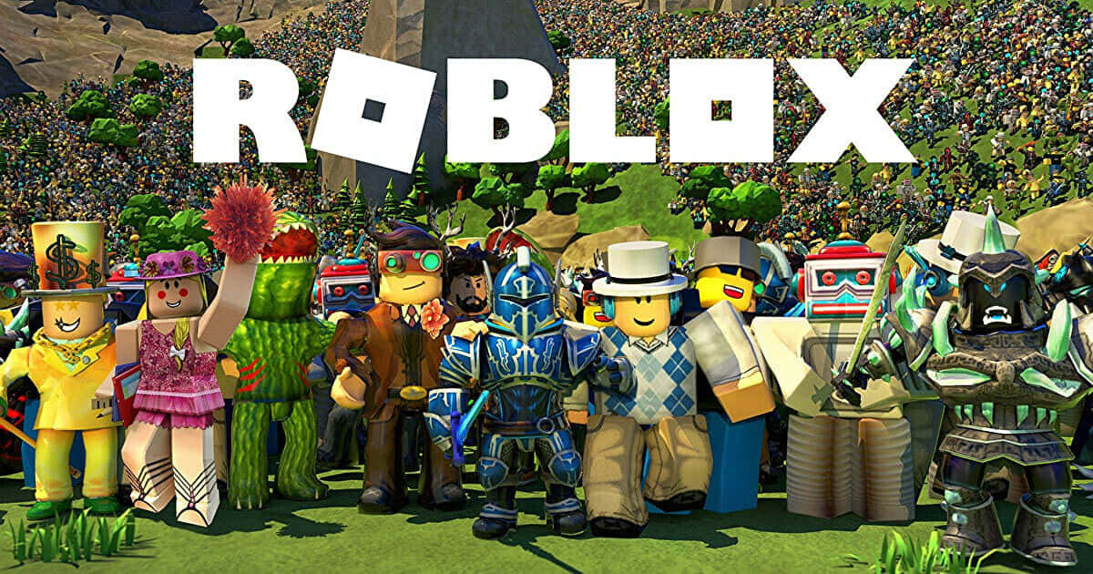 Roblox頭身穿著各種服裝，在明亮的陽光下聚集在草地上。