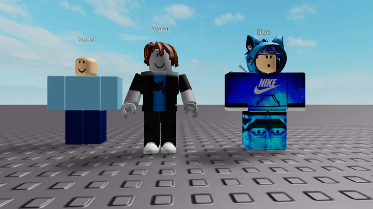 三個 Roblox 頭像站在灰色網格上，藍天白雲。