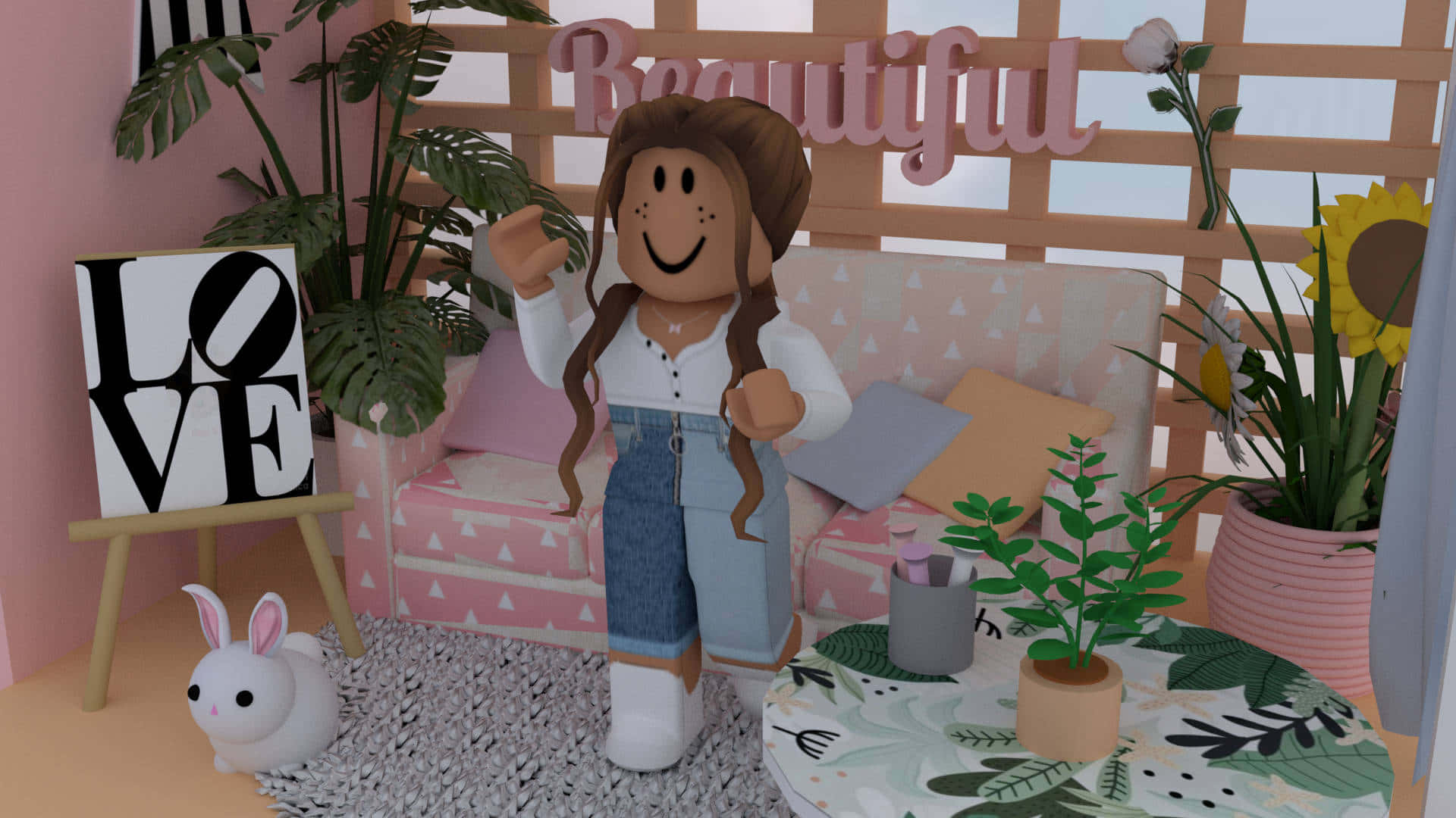 一個微笑的Roblox角色在一個裝飾成粉紅色的房間裡揮手，房間裡有植物和一個愛心標誌。