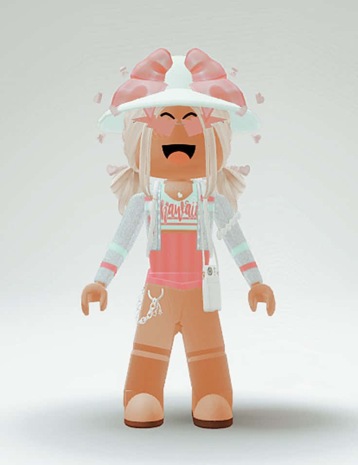 一個微笑的Roblox角色，戴著粉紅色蝴蝶結帽子和休閒服裝。