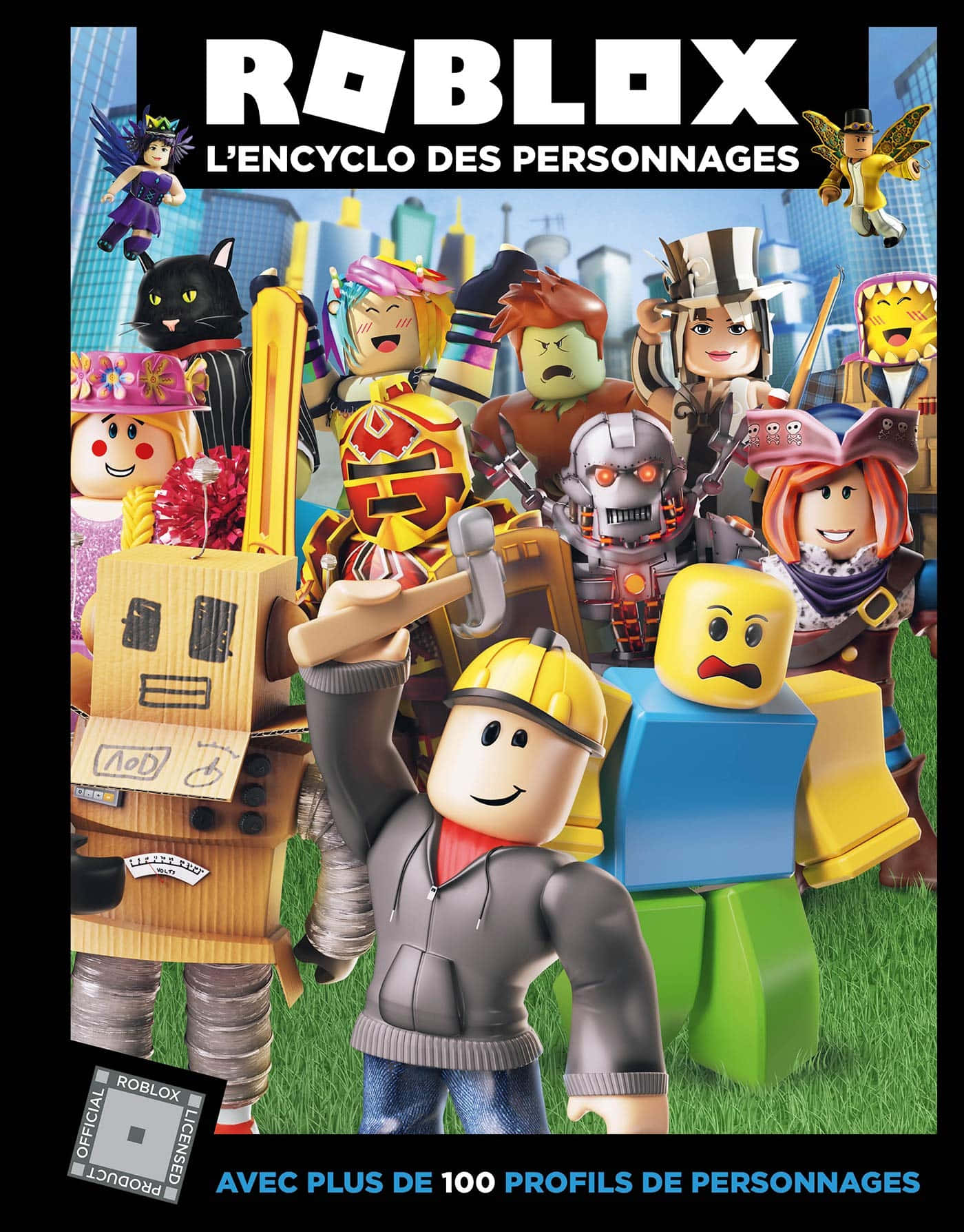 Roblox 角色百科全書封面，展示各種方塊造型的虛擬角色穿著都市服裝。