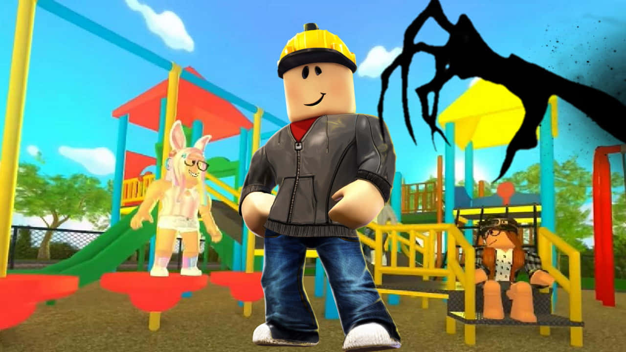Roblox 角色在遊樂場，頭頂有巨大的蜘蛛剪影。
