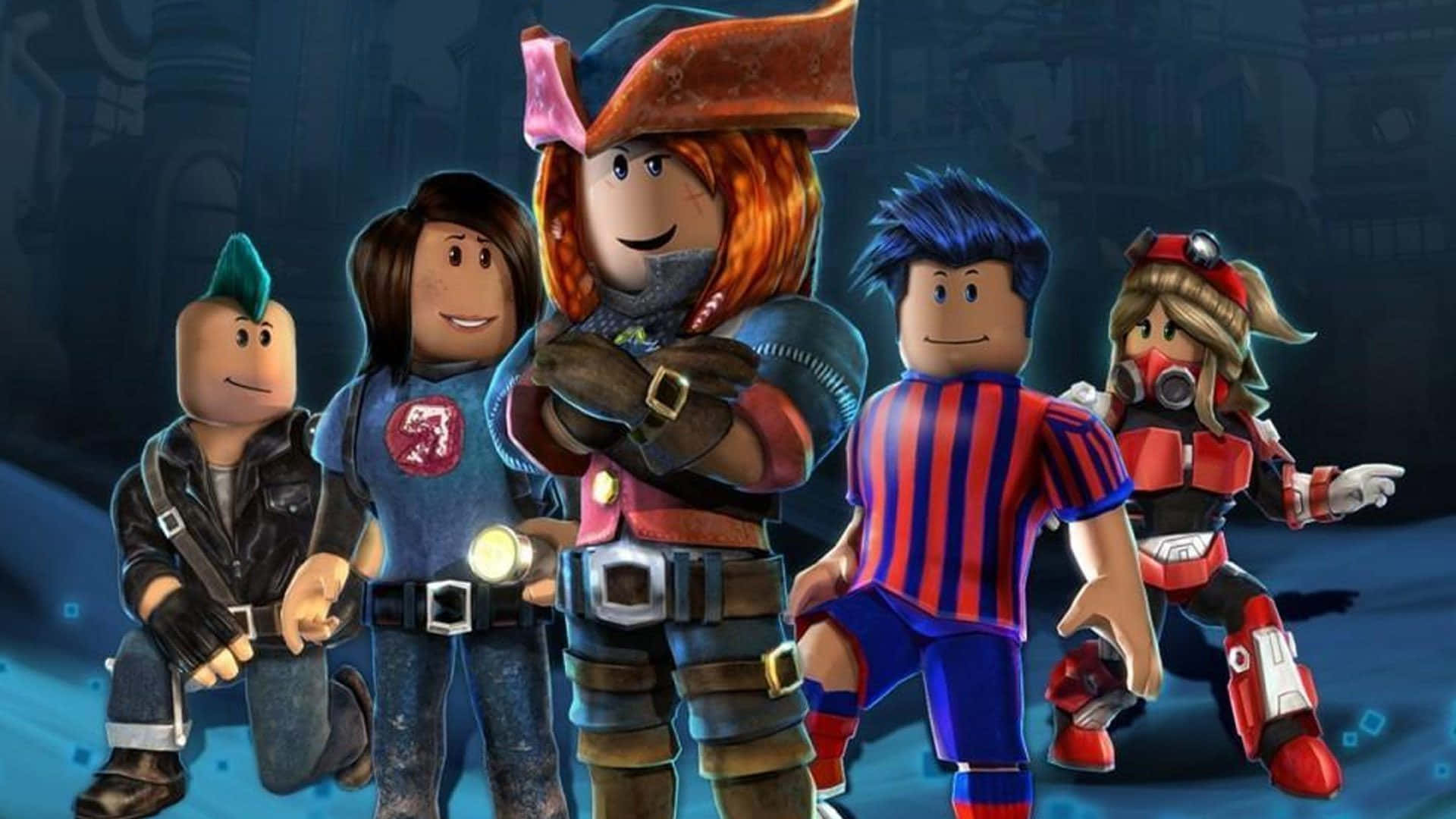 五個穿著不同服裝的Roblox角色在未來城市場景中一起擺姿勢。