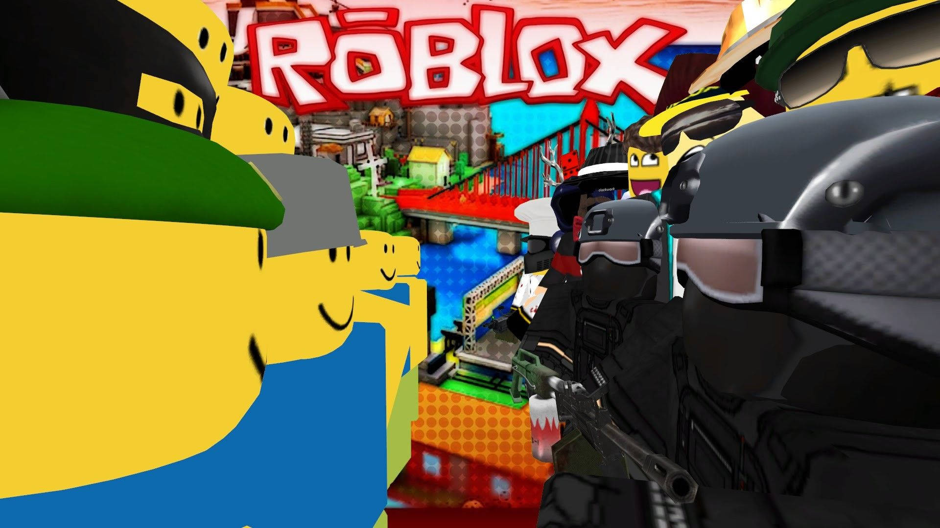 Roblox 遊戲場景，有黃色虛擬角色和武裝玩家在色彩繽紛的虛擬世界中。