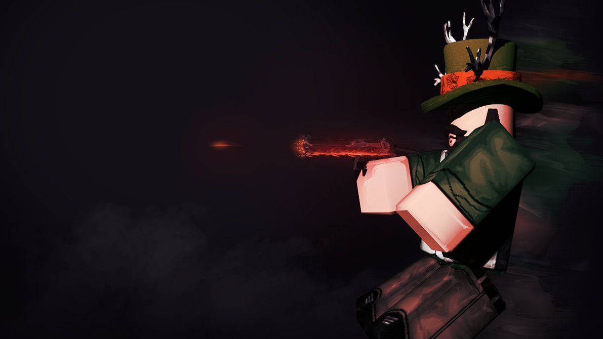 Roblox角色在黑暗煙霧環境中發射發光的紅色手槍。