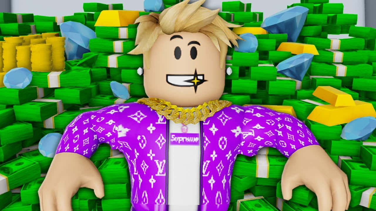 Roblox 角色身穿紫色 Louis Vuitton 外套，被成堆的現金和金條包圍。