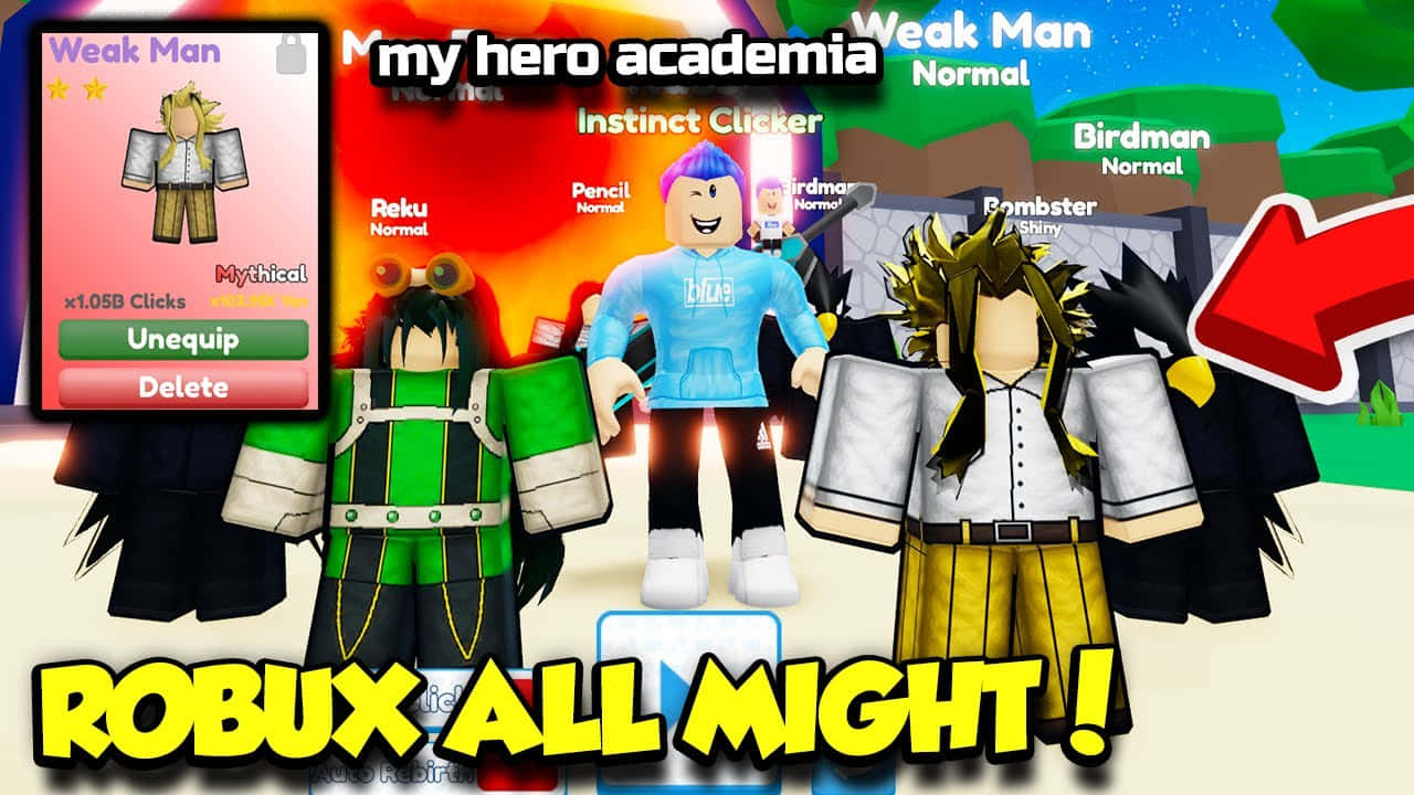 Roblox My Hero Academia 遊戲，包含角色頭像和遊戲內商店介面。
