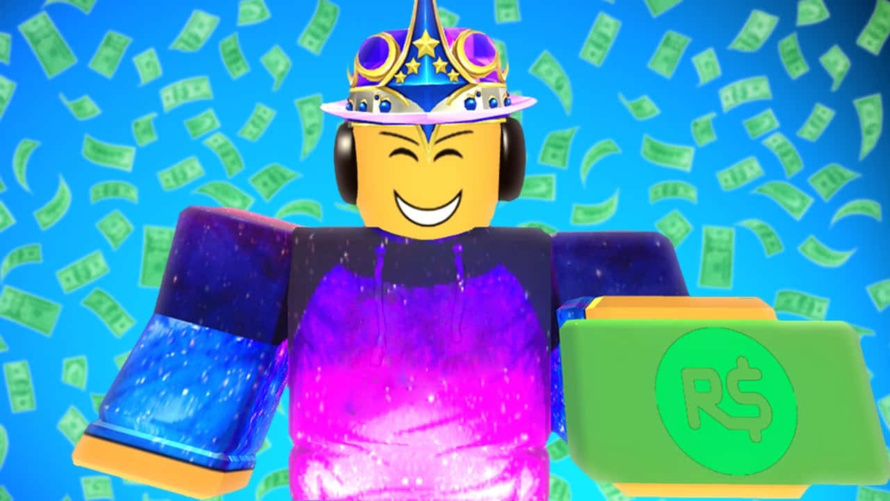 Roblox 角色慶祝金錢落下和巴西雷亞爾平板電腦。