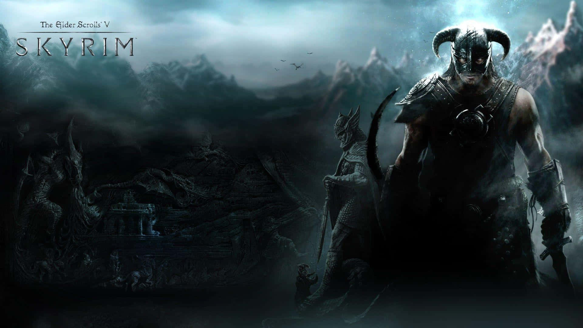 Skyrim Special Edition 桌布 壁紙 — 在Skyrim的暴風雨天空下，一名戴著角盔的黑暗奇幻戰士站在廢墟城堡前。