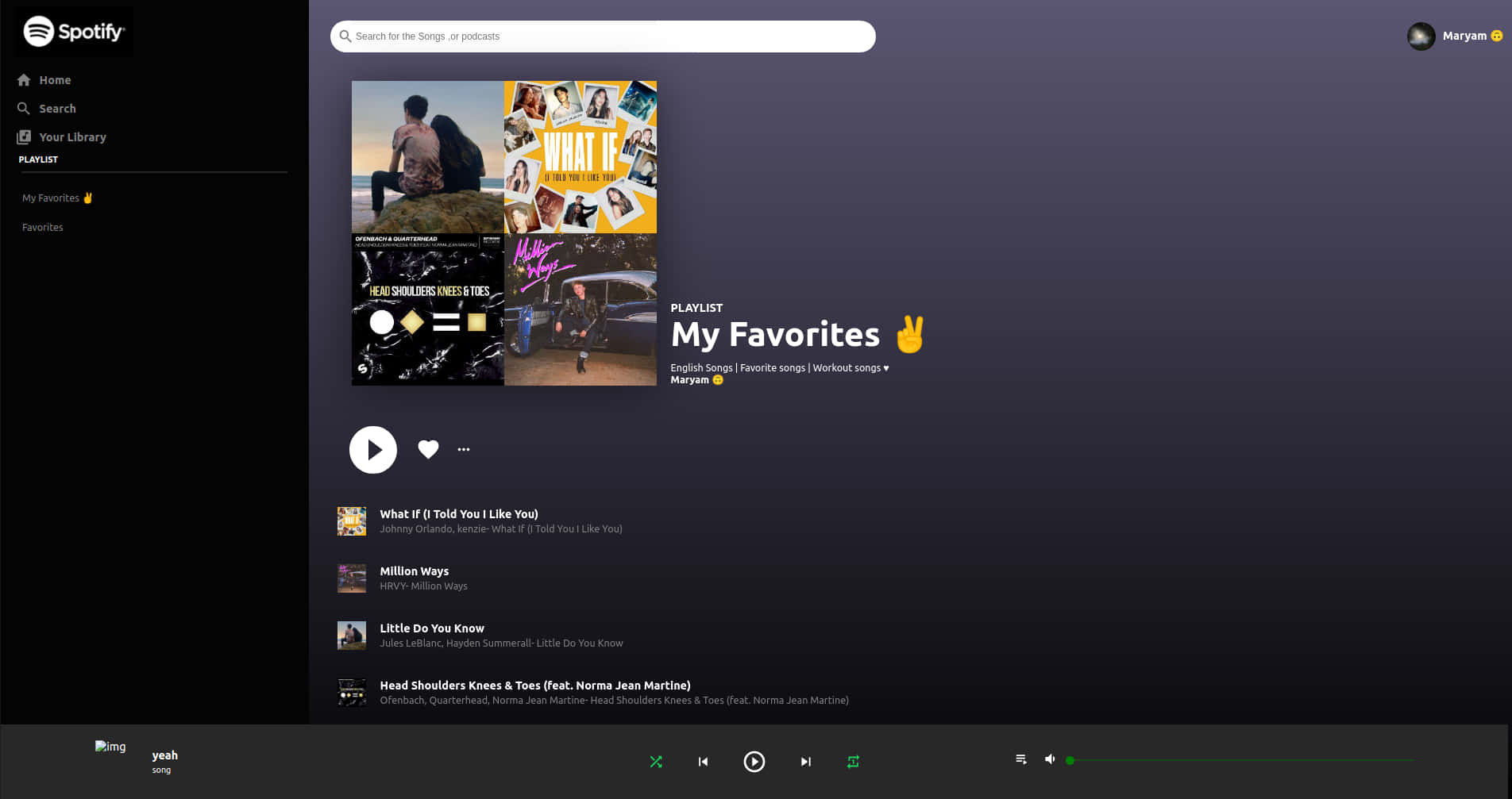 Spotify 音樂應用程式，顯示用戶的最愛歌曲播放清單。