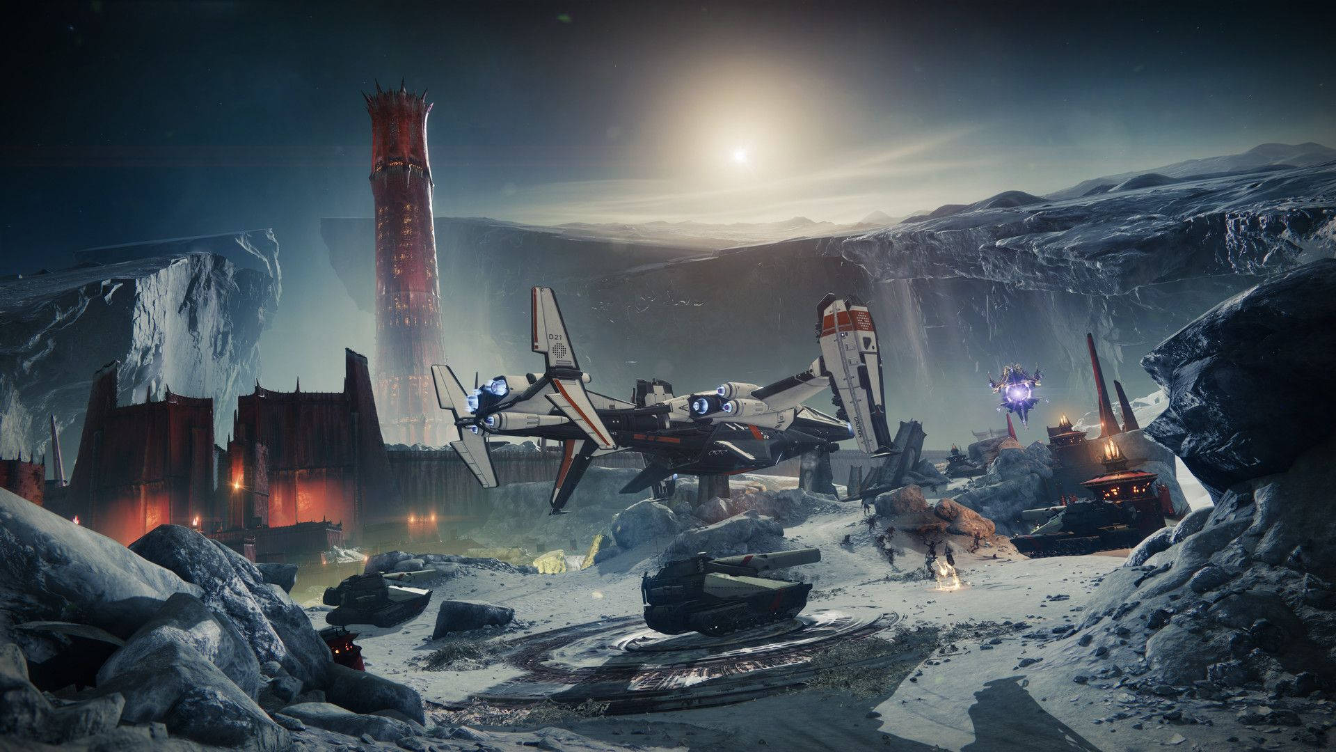 在Steam上體驗《Destiny 2：Shadowkeep》遊戲 壁紙 — 一艘未來風格的太空船停泊在雪地外星景觀上，遠方有發光的太陽和高聳的紅色結構。
