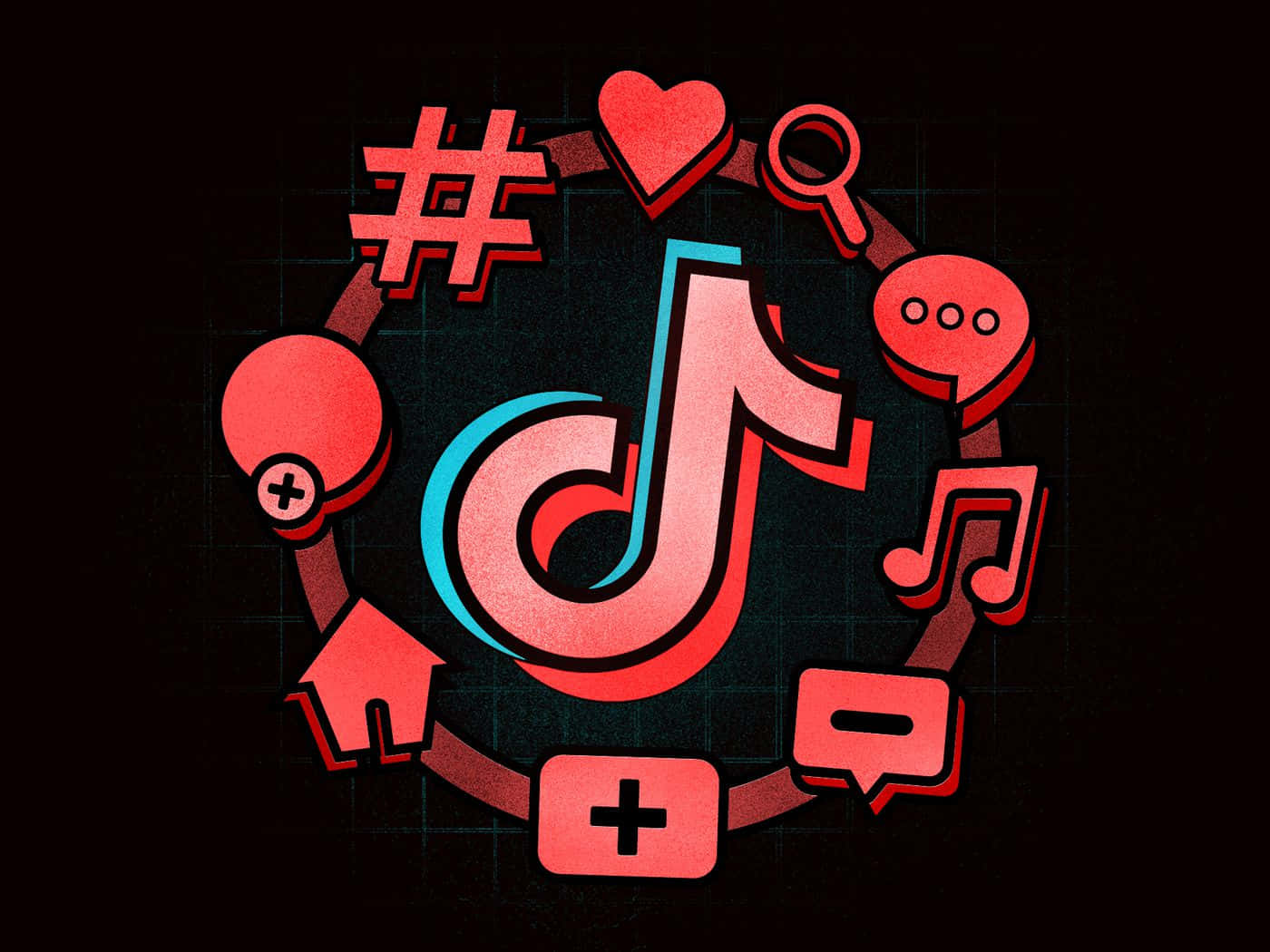 TikTok標誌與周圍的社交媒體圖標在深色網格上。 — TikTok GIF 壁紙