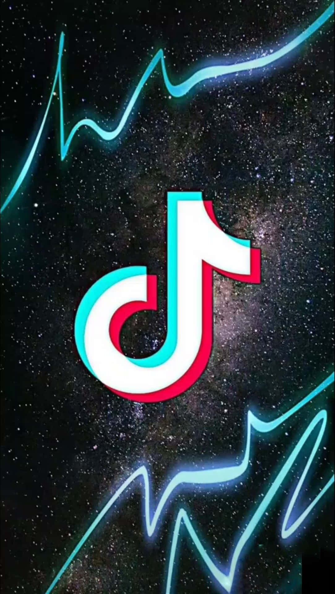 TikTok 標誌在星空太空背景下帶有霓虹光芒和能量線。