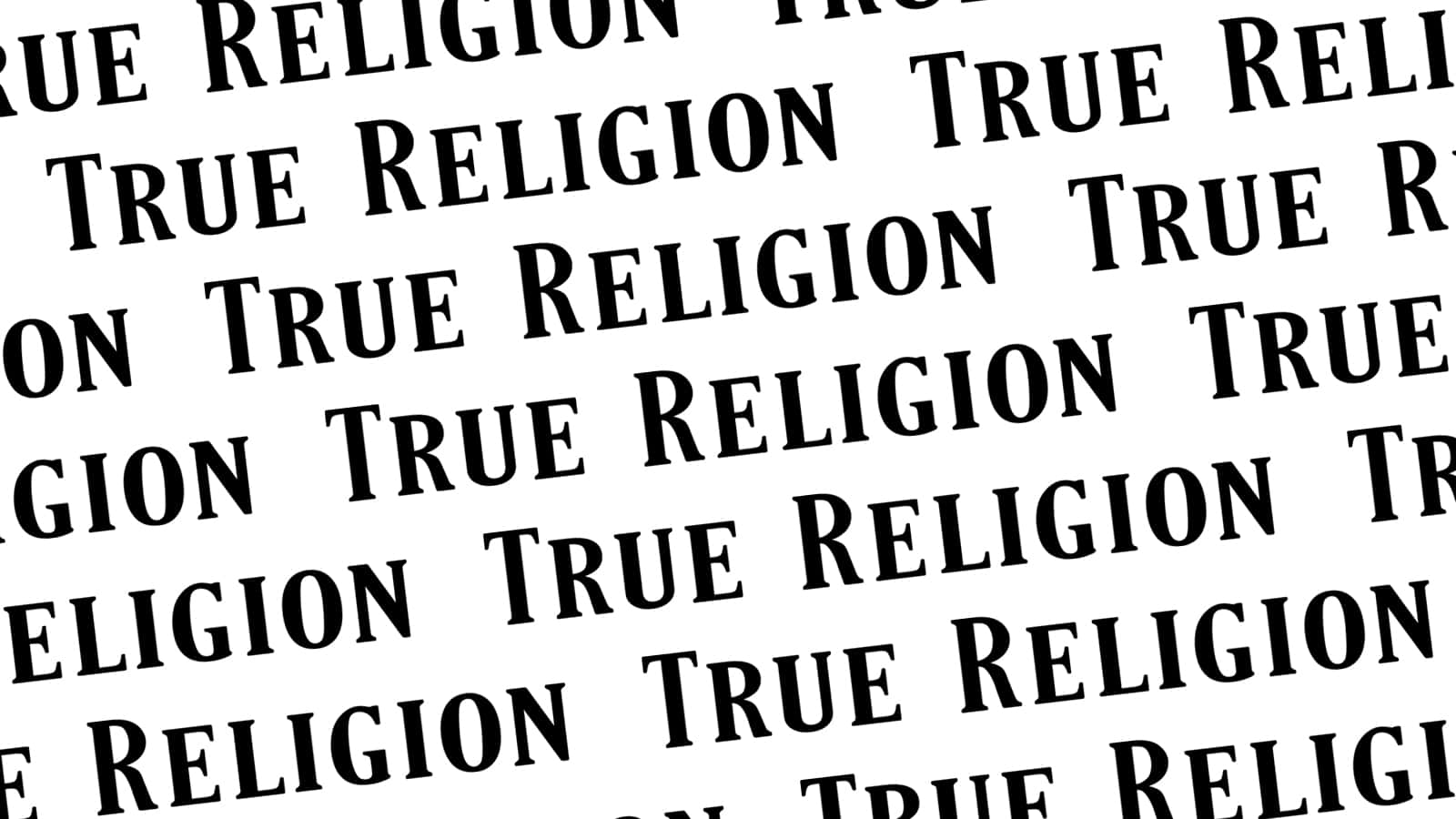 白色背景上對角重複顯示 true religion 的文字