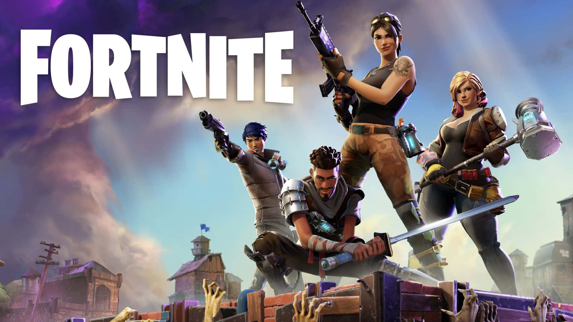 Fortnite角色手持武器站在木箱上，喪屍手從下方伸出。