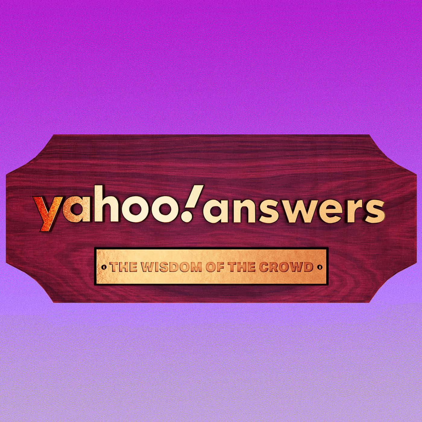 在Yahoo!掌握最新新聞、體育與財經資訊 壁紙 — 一塊木牌上刻有「yahoo!answers」和「the wisdom of the crowd」文字，背景為紫色漸變。